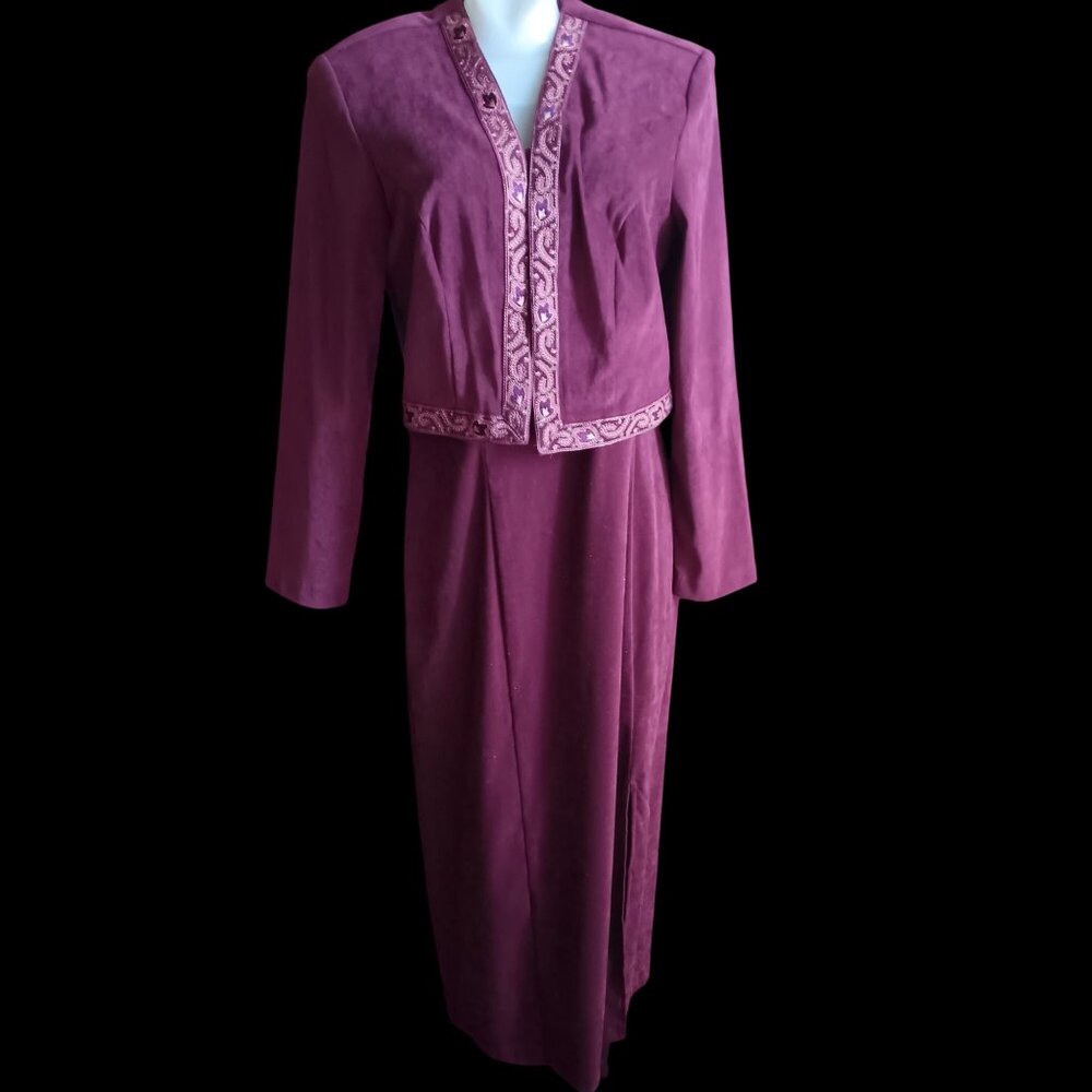 sz 14 Vintage Burgundy Velvet Two Piece Dress W/ Embellished Jacket Worthington